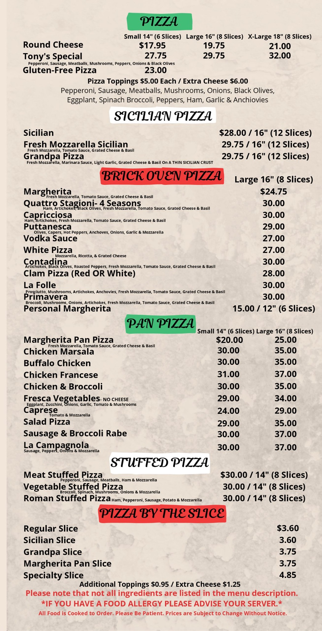 Pizza menu