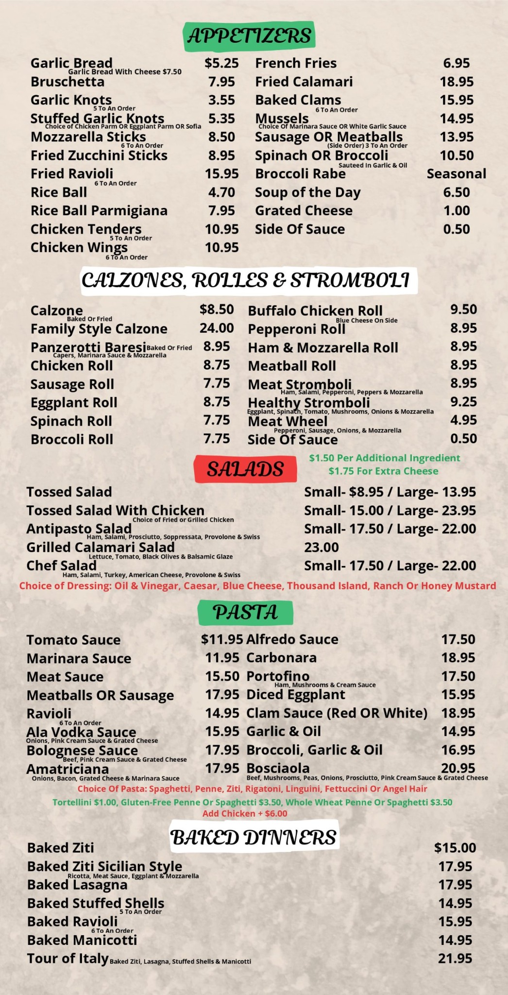 Appetizers, salads, pasta and baked dinners menu