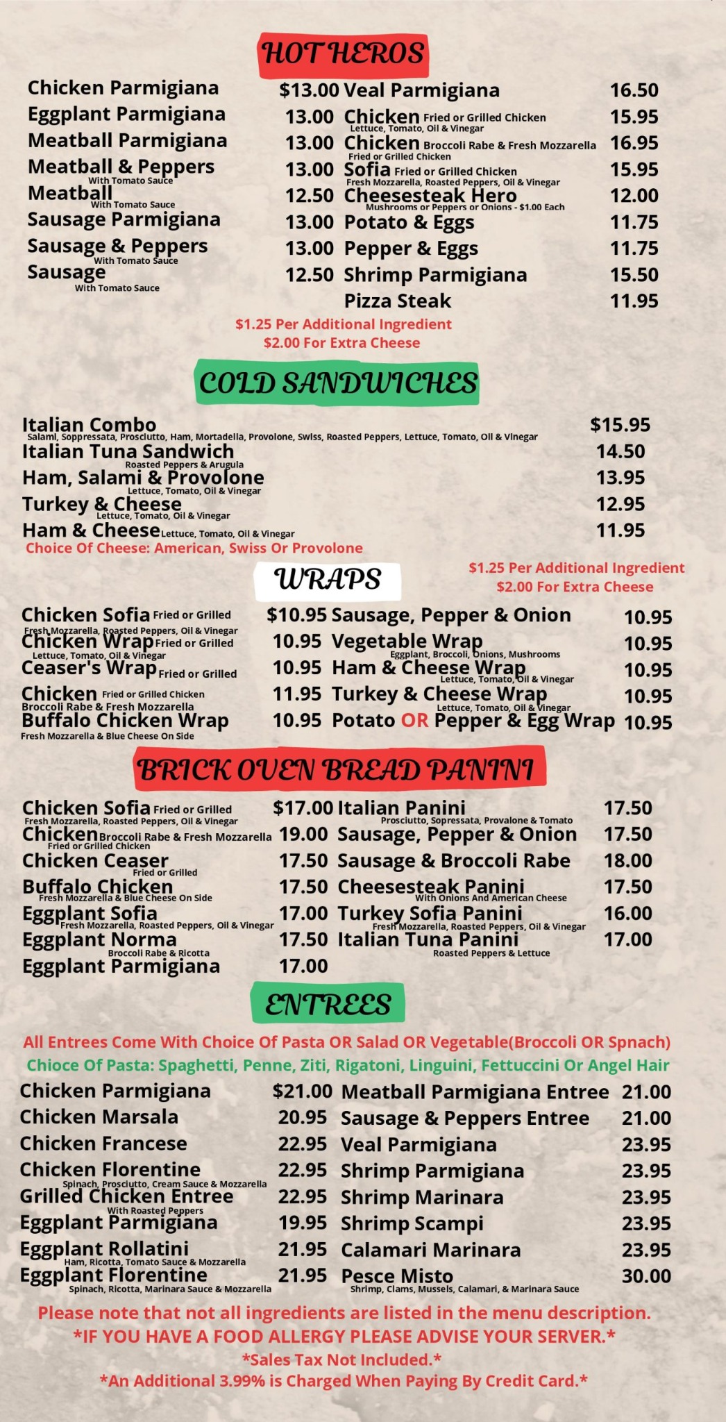 Heroes, sandwiches, wraps and entrees menu
